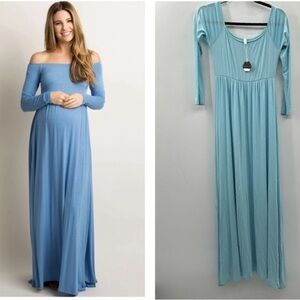 NWT M PINKBLUSH Motherhood OFF THE SHOULDER blue stretch pregnancy maxi dress